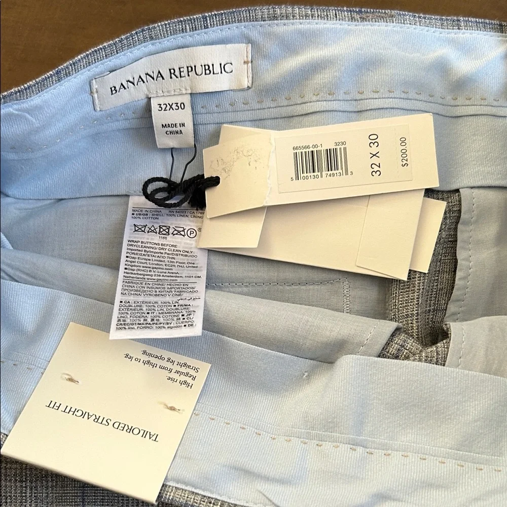 Banana Republic Straight Plaid Light Gray Textured linen Suit Pants 32x30
